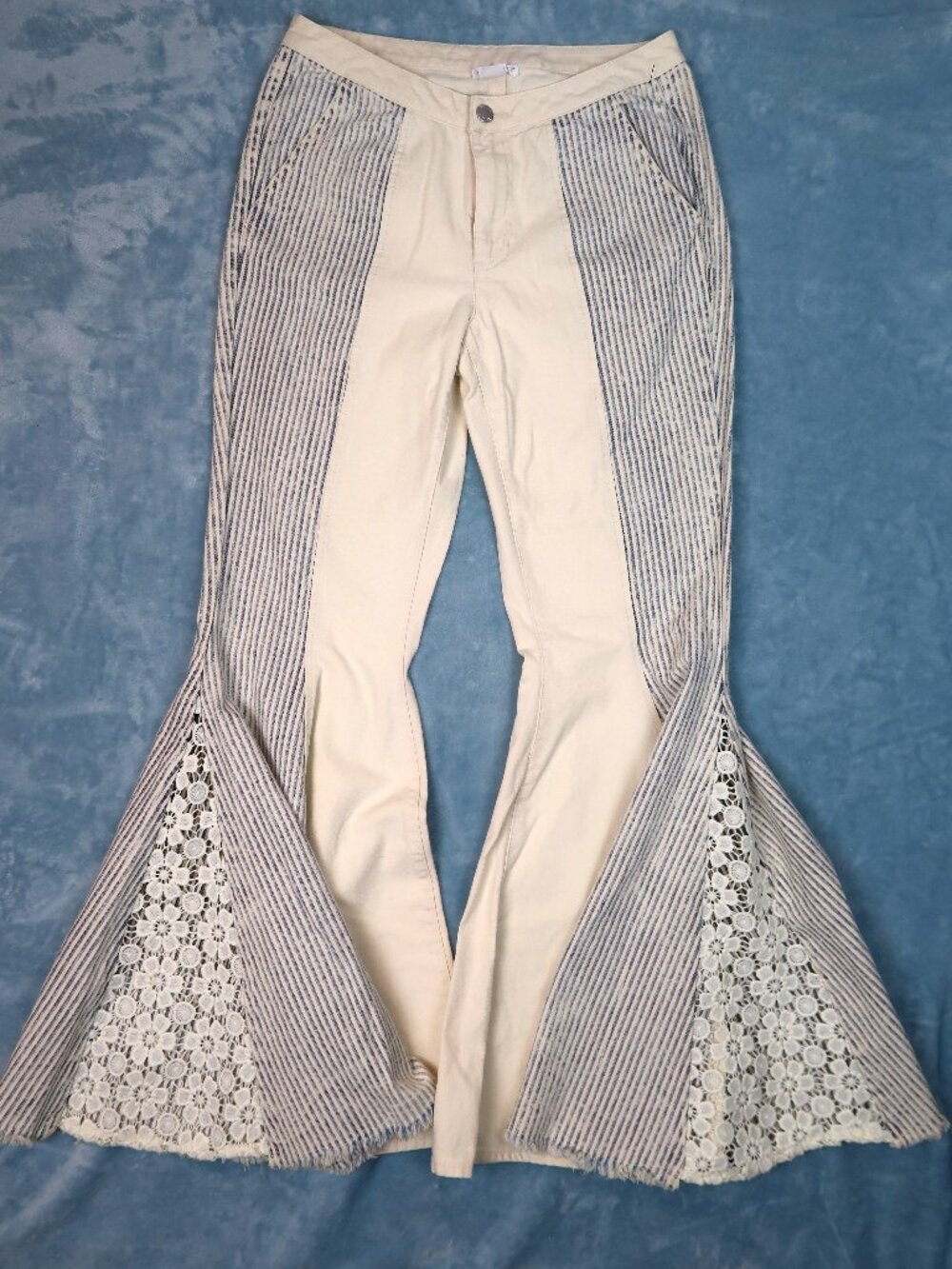 Venus Boho Festival Lace Inset Stripe super bell-bottoms, hippie, whimsical sz10